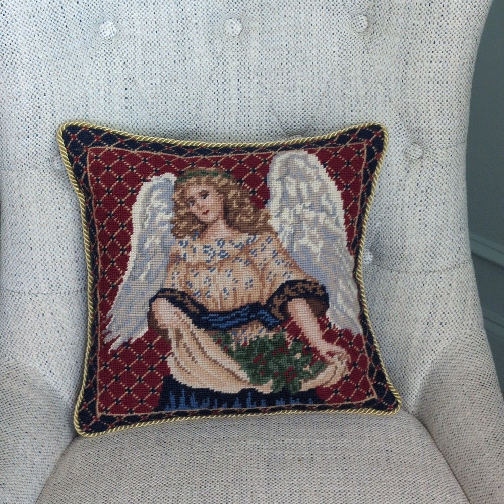 Vintage Angel Needlepoint Throw Pillow 12x12 Christmas Velvet Accent Cushion